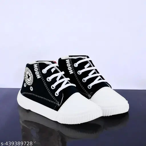 Stylish black canvas and rubber sports sneakers for boys and girls, colorblocked design, easy lace-up closure, ideal for daily wear and kids' activities