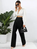 Solid cotton blend bell bottom pants for women, black straight-fit trousers with premium quality