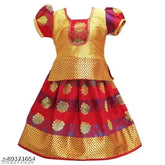 Cotton-silk Madhura Pattu Pavadai with waist belt, floral design, for kids 6 months to 8 years, Indian traditional wear