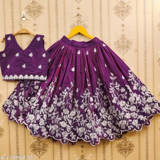 Fancy taffeta silk kids top & skirt combo, floral stitch, sleeveless, 3-8 years old