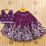 Fancy taffeta silk kids top & skirt combo, floral stitch, sleeveless, 3-8 years old