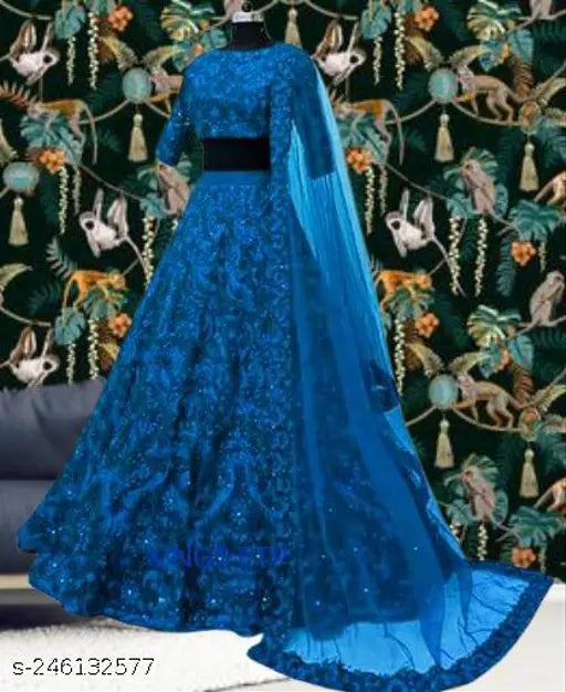 Elegant embroidered net lehenga-choli, floral embroidered semi-stitched, free size, trendy and stylish Indian bridal wear