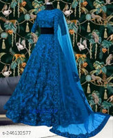 Elegant embroidered net lehenga-choli, floral embroidered semi-stitched, free size, trendy and stylish Indian bridal wear