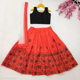 Taffeta silk lehenga choli for girls aged 2-5 years with net dupatta, embroidered design and sleeveless top. Indian ethnic wear