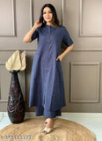 Women's cotton kurta and palazzo set, solid net three-quarter sleeves, Indian traditional outfit for women (L, XXL)