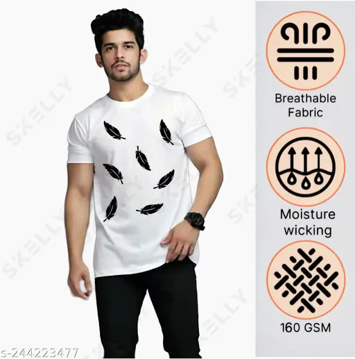 White printed polyblend linen quality t-shirt for daily casual wear