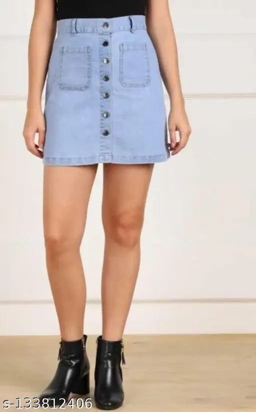 Denim skirt for girls, solid blue denim with stretchable back, India-made skirt for 26, 32 & 36 waist sizes