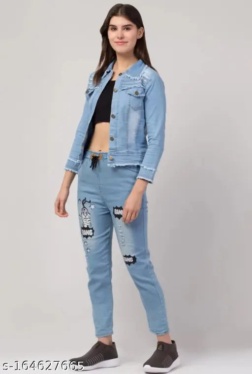 Star Light Blue Denim Women's Jacket & Jogger Set, solid pattern, long sleeves, size S-XL, India origin