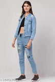 Star Light Blue Denim Women's Jacket & Jogger Set, solid pattern, long sleeves, size S-XL, India origin