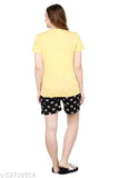 Yellow and black buttercup round neck flower print women's cotton shorts set, featuring short sleeves and soft elastic waistband