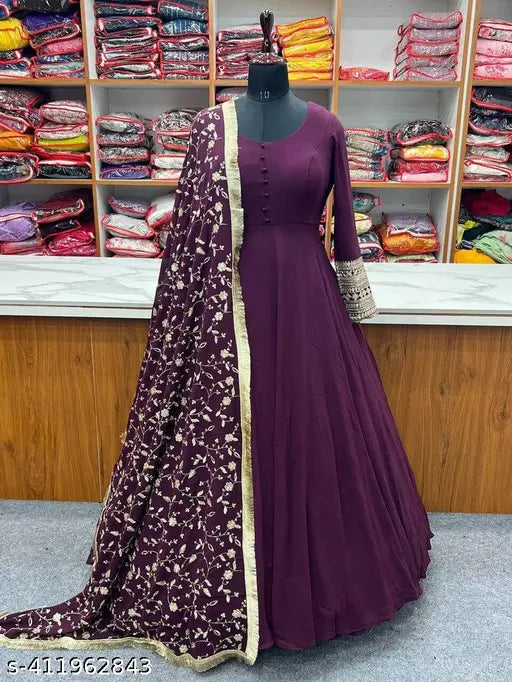 Georgette anarkali gown with dupatta, long sleeves, solid net, Indian traditional attire