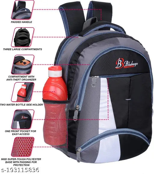 Black canvas 36L laptop backpack with waterproof blue water bottle, durable for school/college use. Zippered compartment and mesh bottle holder