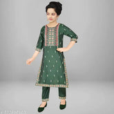Girls' rayon embroidered kurta & trousers set, A-line with three-quarter sleeves, 4-5 years or 5-6 years size. All-over embellished Indian traditional attire for young girls