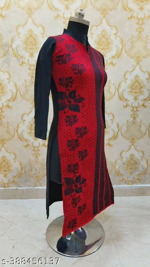 Trending red & black woolen kurti with long sleeves and printed combo, S (Bust 36in/Length 40in)