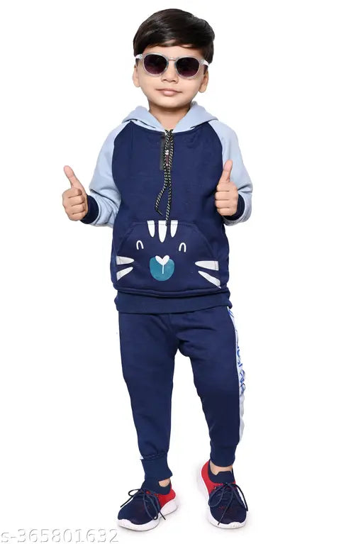 Raj Kolkata Boys Casual Set Toddler Cartoon Print Full Sleeve Hoodie & Pants - Wool, 100% cotton fleece pullover, versatile for travel, gym, beach, sports. Cool stand collar and zipper design with side pockets. Suitable for daily wear, school, camping, sports, and casual occasions. Made in India