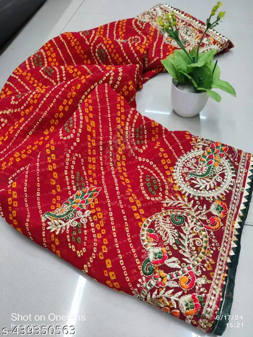 Red and white Bhandhni embroidery Georgette saree with separate Bangalori Silk blouse, dyed/washed net pattern