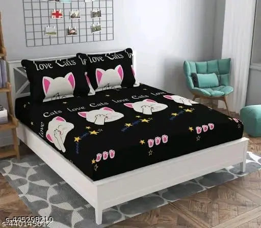 Soft cotton elastic double bed sheet set, 3D printed with 2 pillow covers, ideal for summer – adult-size (72x72x7 inches)