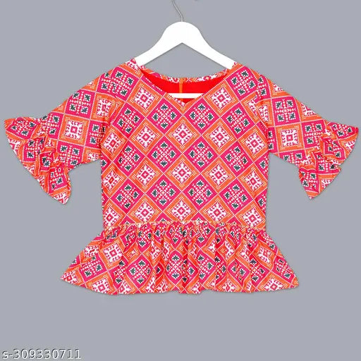 Cotton blend girl's sharara crop top & sharara dress with net dupatta, perfect for festivals. Indian-made trendy kids wear, customizable for bulk orders