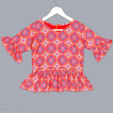 Cotton blend girl's sharara crop top & sharara dress with net dupatta, perfect for festivals. Indian-made trendy kids wear, customizable for bulk orders