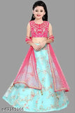 Kids SkyPink dupion silk lehenga with net dupatta and sleeveless choli, embellished with embroidery, Indian children's party wear