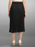 Stylish crepe Western skirt, elastic waistline, pleated design, midi length, lining layer, versatile for various occasions, self-design pattern. Sizes: 26, 28, 30, 32, 34, 36, 38, 40, 42, 44 (India origin)