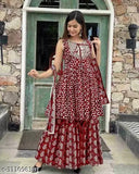 Fresh Fashion Women's & Girls Kurta, SHARARA & Dupatta Set - Printed rayon set with sleeveless short anarkali kurta, gathering dupatta, and matching veil. Indian-inspired casual yet elegant outfit for parties or gatherings