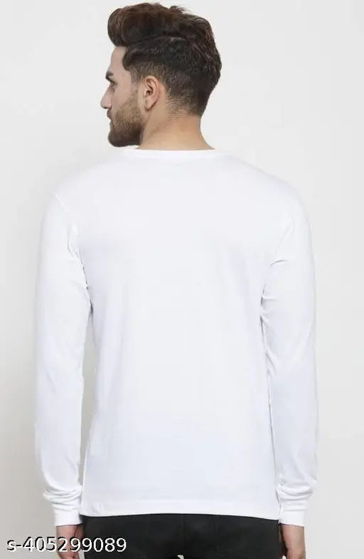 Full H cut letter men's printed polyester long-sleeve t-shirt, white, size S-XXL. Men's formal wear with pocket detail, made in India