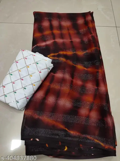 Chiffon Shibori printed saree, dyed/washed with embellished net blouse, free size from India