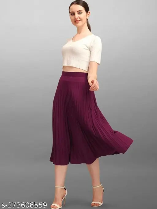 Solid crepe midi skirt, women's classic stretchy western style - casual to formal wear. Indian origin