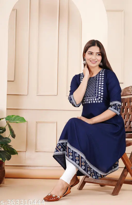 Rayon printed and embroidered gown, three-quarter sleeve length, Indian-made evening wear