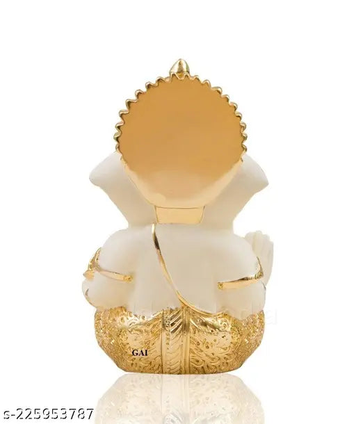 Gold-plated ceramic car dashboard Ganesha idol with white terracotta hand painting, 3.5 x 2 inches, religious sculpture for home decor and festivals