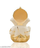 Gold-plated ceramic car dashboard Ganesha idol with white terracotta hand painting, 3.5 x 2 inches, religious sculpture for home decor and festivals