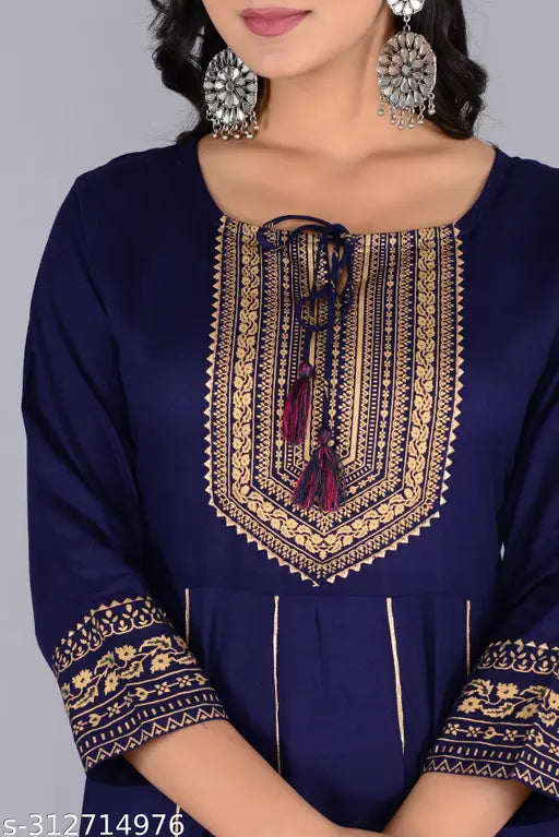 Blue gold printed Anarkali long kurta with dori tassel and gotta lace, rayon fabric, three-quarter sleeves, India