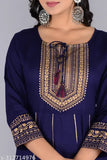 Blue gold printed Anarkali long kurta with dori tassel and gotta lace, rayon fabric, three-quarter sleeves, India
