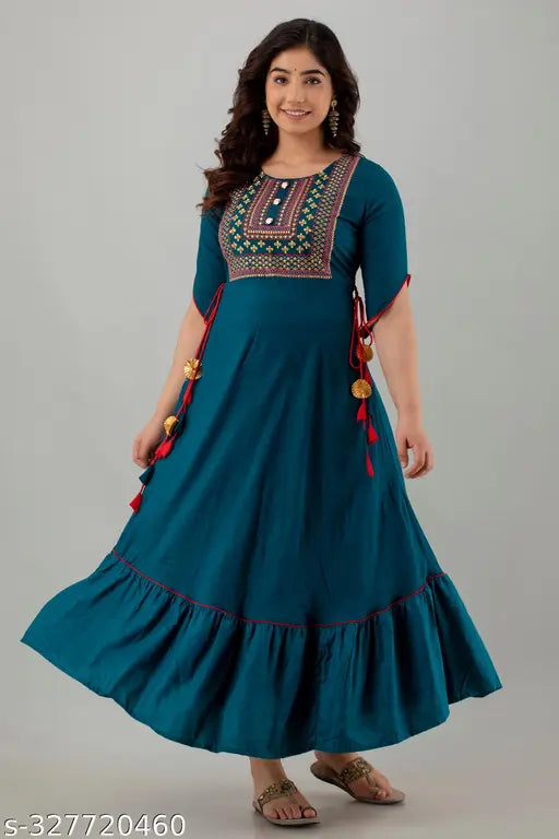 Dark blue embroidered Anarkali kurta, rayon fabric, short sleeves