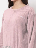 Women's pink solid woolen night suit set, long sleeve, women's winter wear pajamas, wool fabric on model