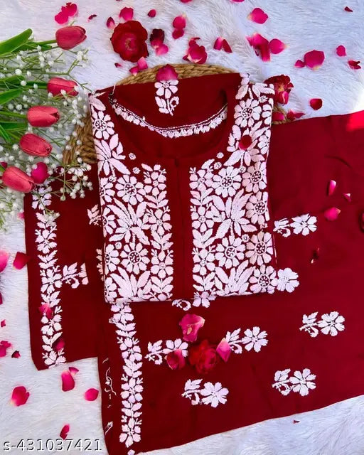 Maroon chikankari rayon kurta set with embroidered net palazzos, traditional Indian fashion for women in various sizes (M-XXXL), perfect for festive occasions
