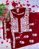 Maroon chikankari rayon kurta set with embroidered net palazzos, traditional Indian fashion for women in various sizes (M-XXXL), perfect for festive occasions