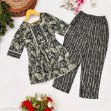 Sky Blue Printed Cotton Ethnic Set for Girls, A-line trousers and top with 3/4 sleeves, round border lace detail. Sizes: 4-5 years, 5-6 years, 8-9 years, 6-7 years, etc. Indian handcrafted cotton fashion