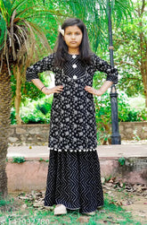 Stylish rayon kurta set for kids, latest printed design with art silk dupatta and three-quarter sleeves. Pack of 2 sizes available, from 3-4 years to 15-16 years. Made in India