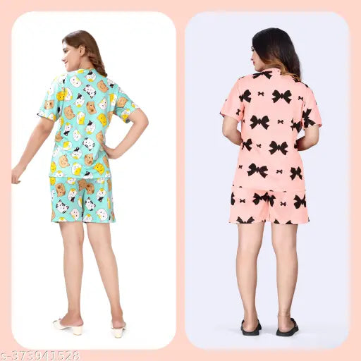 Premium quality polycotton women's night suit set, printed digital net T-shirt & shorts, suitable for all women, wrinkle free fabrics, no iron required. Nightwear with two side pockets and good quality elastic for long life