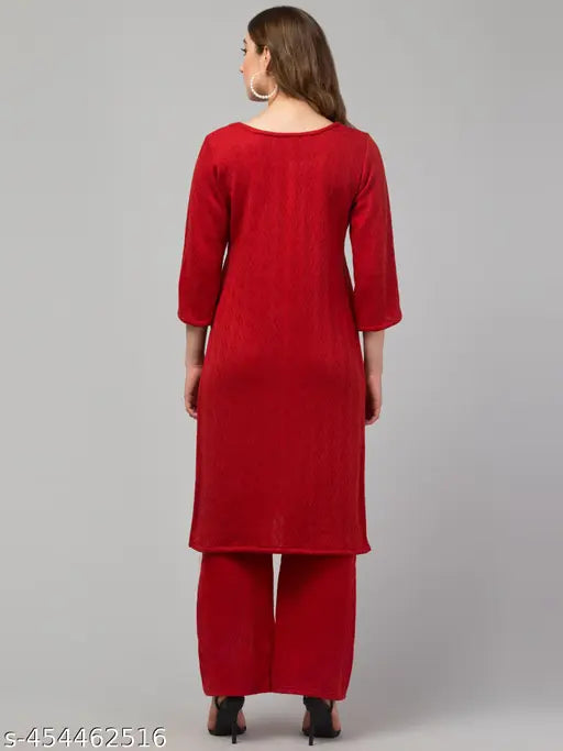 Woolen winter kurti set with palazzos, hand-embroidered round neck design, premium rainbow color, available in S-XXL sizes for women