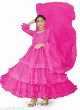 Indian net kids' long sleeve gown, exquisite solid design for special occasions
