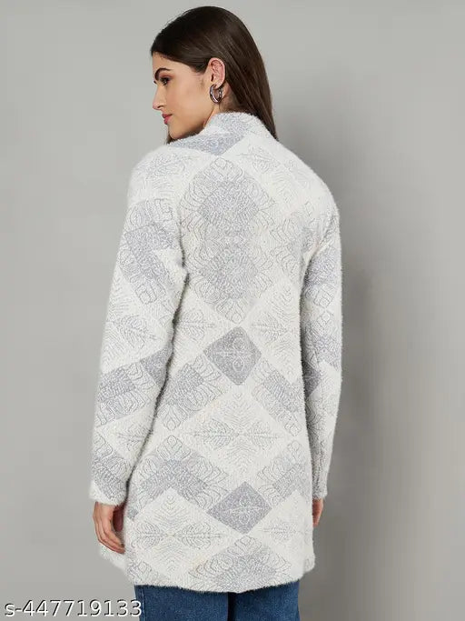 Red eWools printed round neck sweater, long sleeves, embroidered net pattern, 100% Acro Wool. Stylish women's winter wear from India