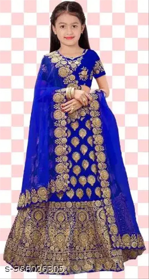 Taffeta silk girls' lehenga choli with net dupatta, embroidered and semi-stitched design for festive events, various sizes available (ages 6-15)