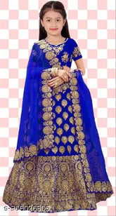 Taffeta silk girls' lehenga choli with net dupatta, embroidered and semi-stitched design for festive events, various sizes available (ages 6-15)