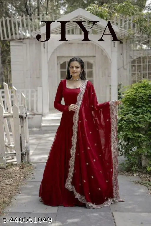 Maroon Georgette Gown, Indian-made solid maroon long sleeve dress for women XS-XL
