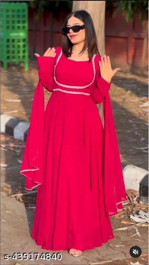 Pink lace Georgette kurti with dupatta, solid pattern, long sleeves, versatile Indian fashionwear