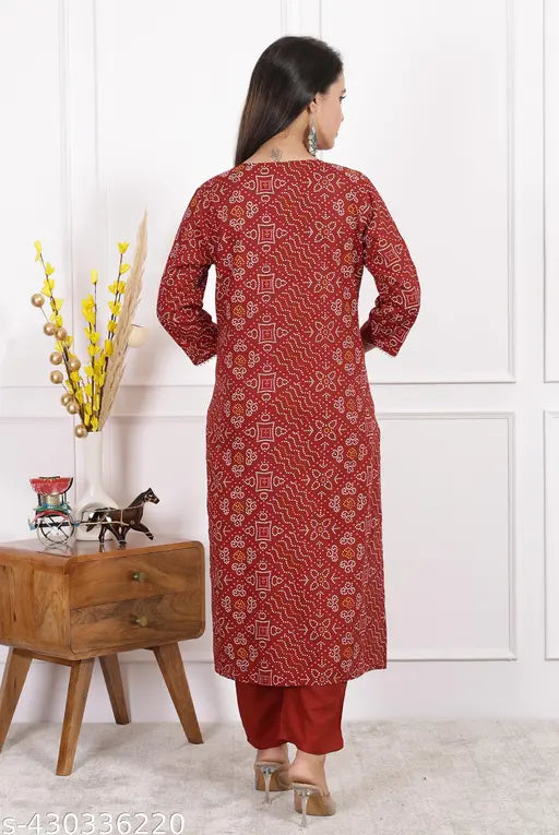 Maroon rayon embroidered bandej print kurta set with rayon pants, party wear for women