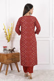 Maroon rayon embroidered bandej print kurta set with rayon pants, party wear for women